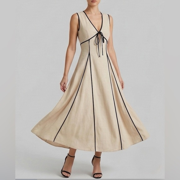 Contrast-Trimmed 100% Cotton Maxi Dress – Sand & Black - Picture 5 of 9